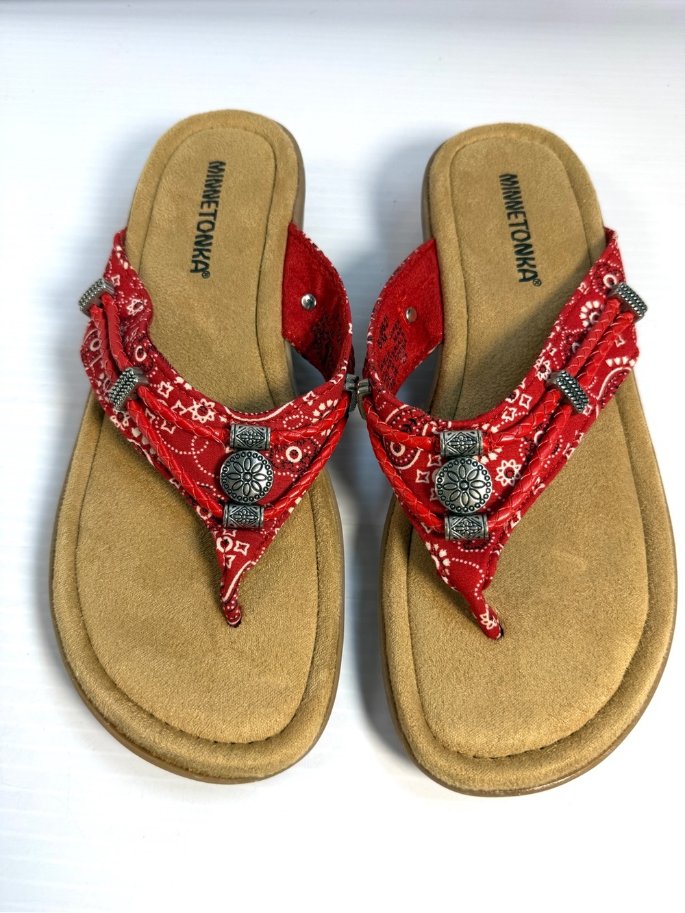 Minnetonka Red Bandana Concho Thong Sandals